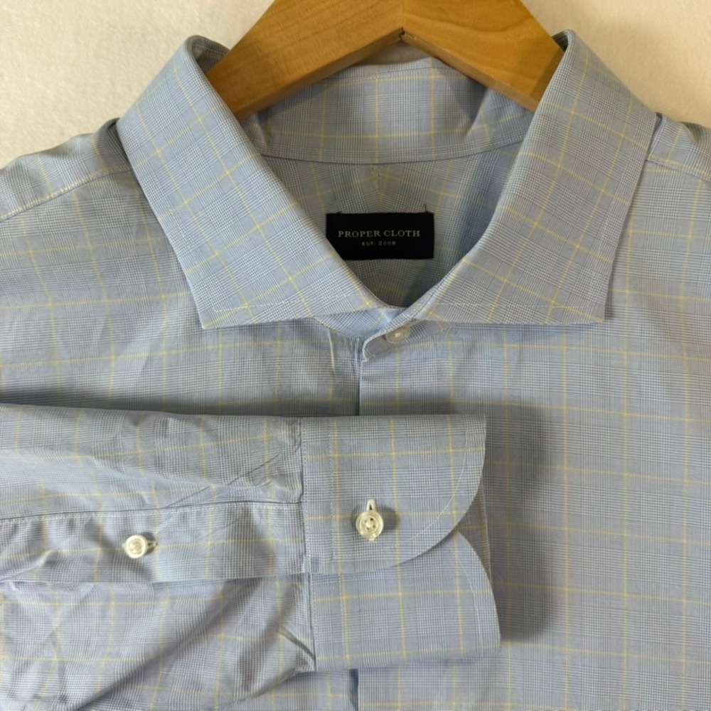 Proper Cloth Mens Blue Glen Plaid Yellow Check Cotton Dress Shirt Size 19 3X